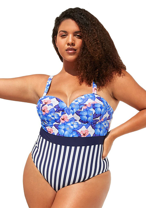 Moulded Cups Blue Floral Stripe One Piece