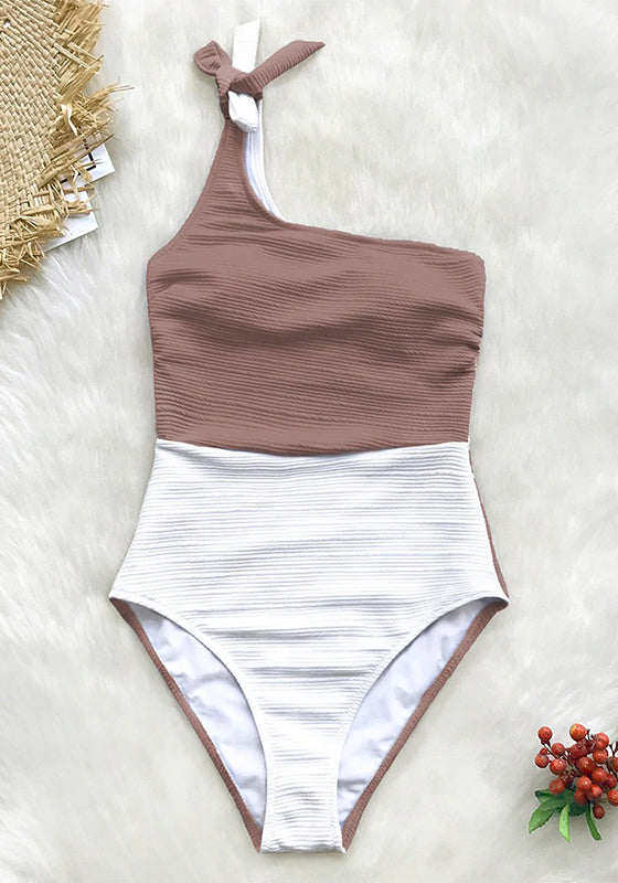 Taupe and White One Shoulder One-Piece