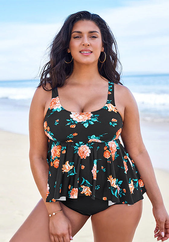 Black Floral Peplum Tankini