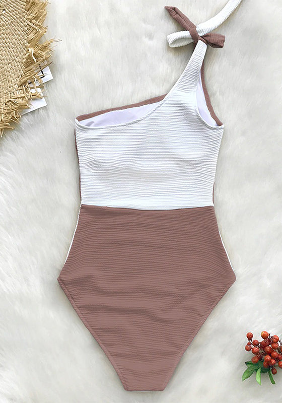 Taupe and White One Shoulder One-Piece