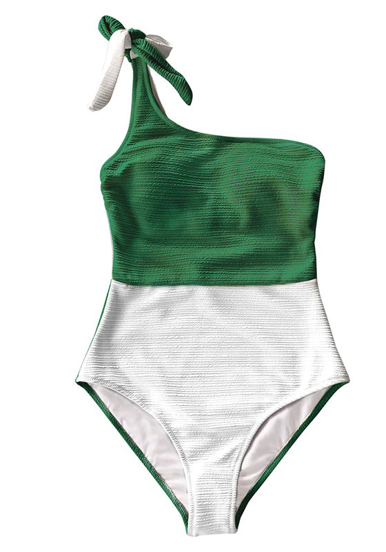 Green And White Colorblock One Shoulder One-Piece