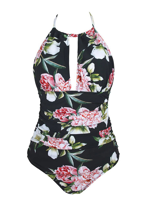 Black Floral Halter One-Piece