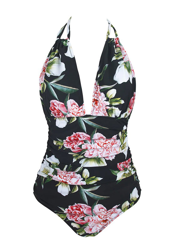 Black Floral Halter One-Piece