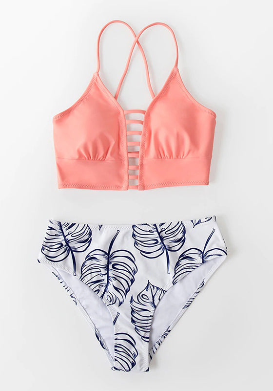 Purple and Leaf Print Mid-waist Bikini