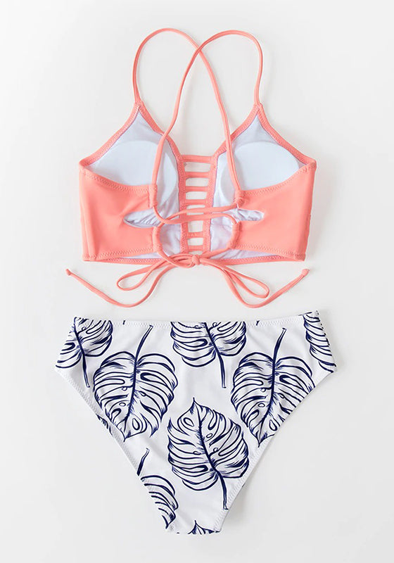 Purple and Leaf Print Mid-waist Bikini