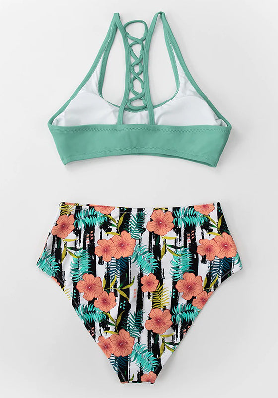 Navy And White Floral High-Waist Bikini Set