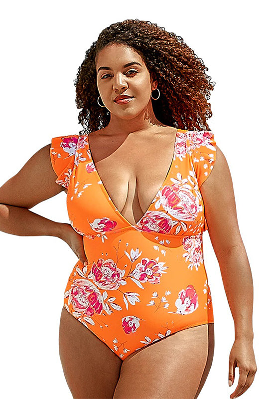 Orange Floral Ruffles V-Neck One Piece