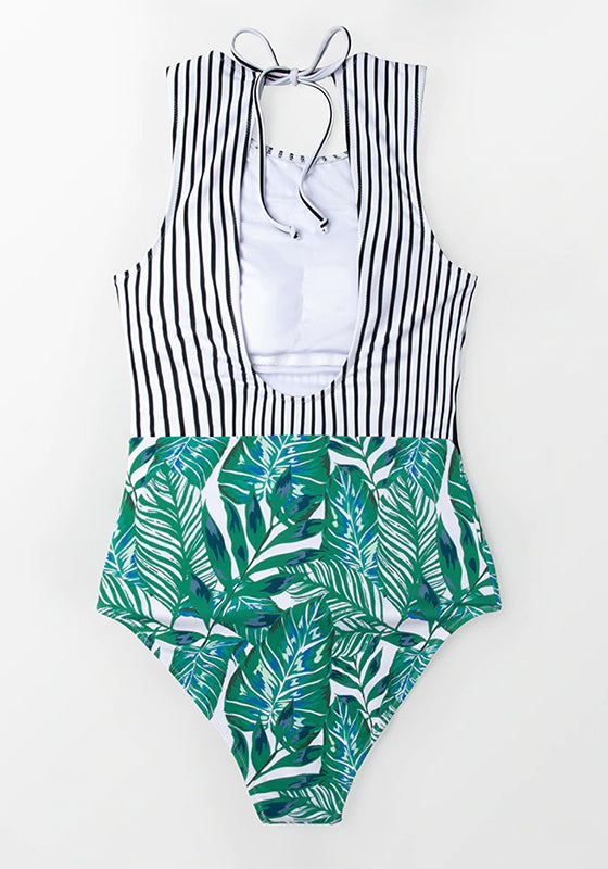 Black Striped And Green Leaf One-piece