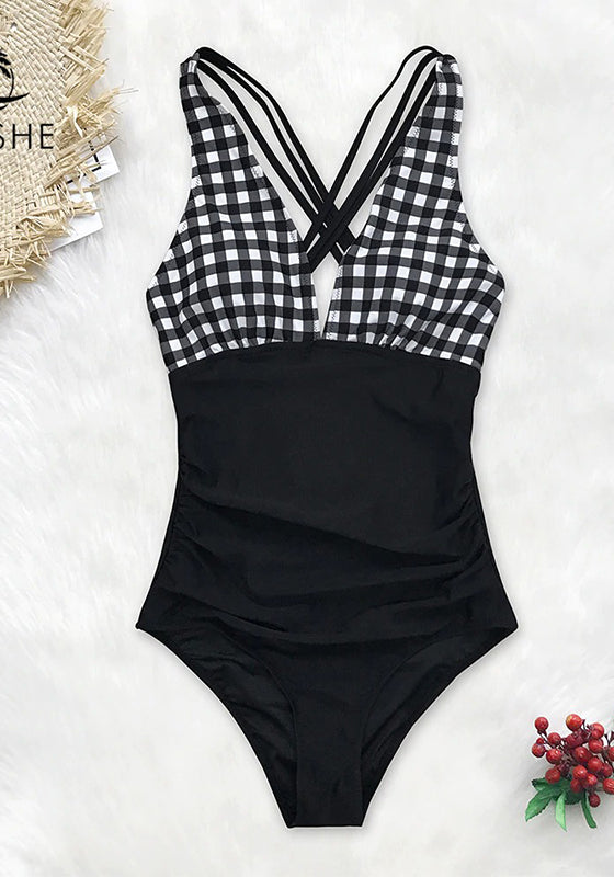 Black And White Gingham Ruched One-Piece