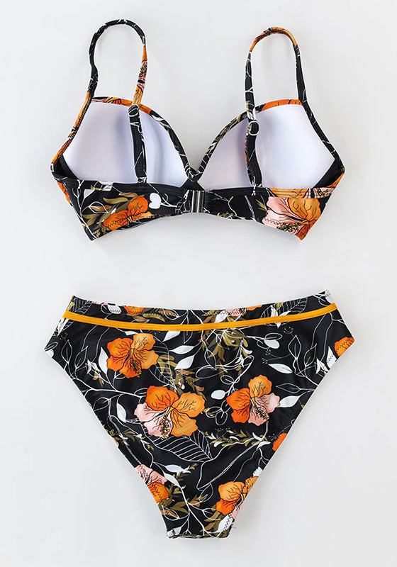 Black Floral Push Up Mid-Waist Bikini Set