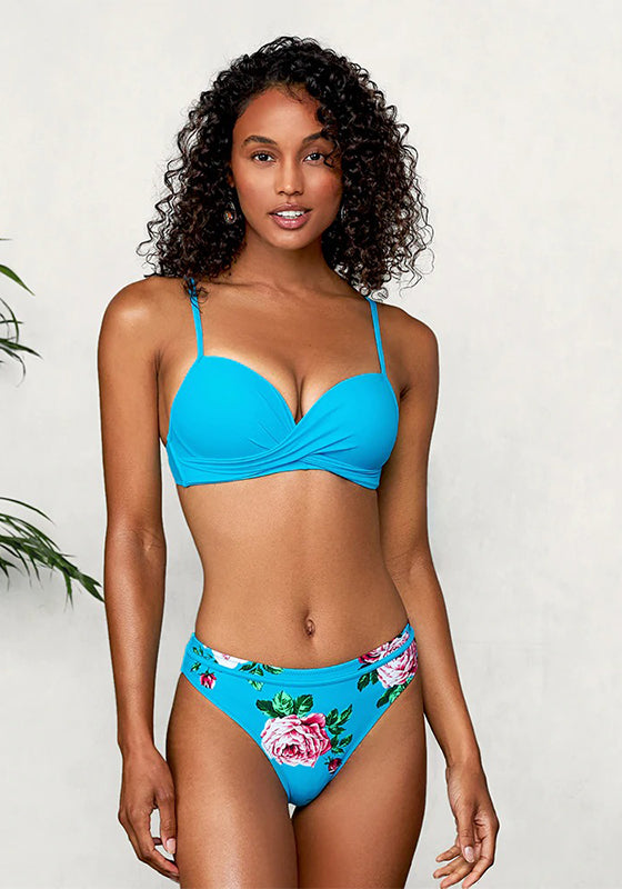 Black Floral Push Up Mid-Waist Bikini Set