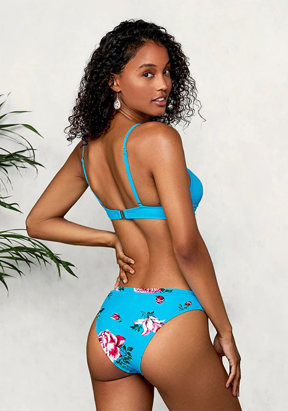 Black Floral Push Up Mid-Waist Bikini Set