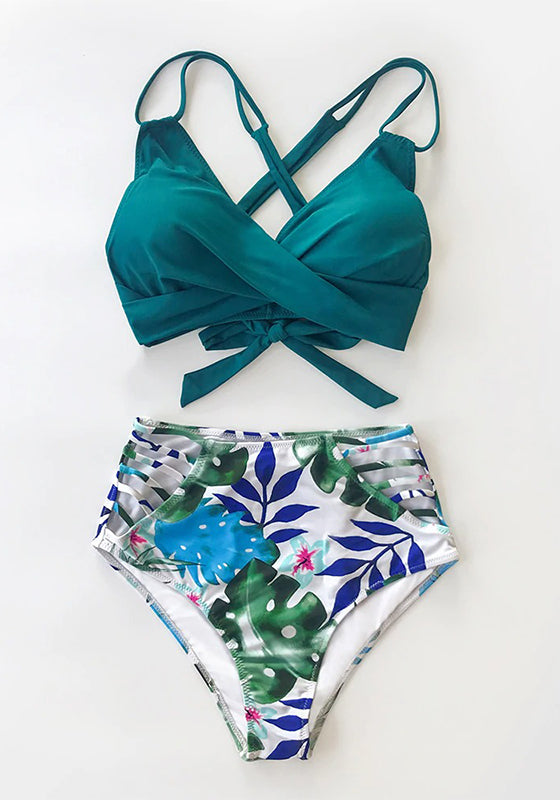 Tropical Palms Twist-Front High-Waisted Bikini