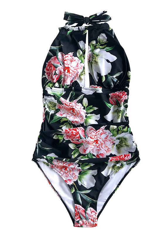 Black Floral Halter One-Piece