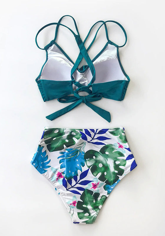 Tropical Palms Twist-Front High-Waisted Bikini