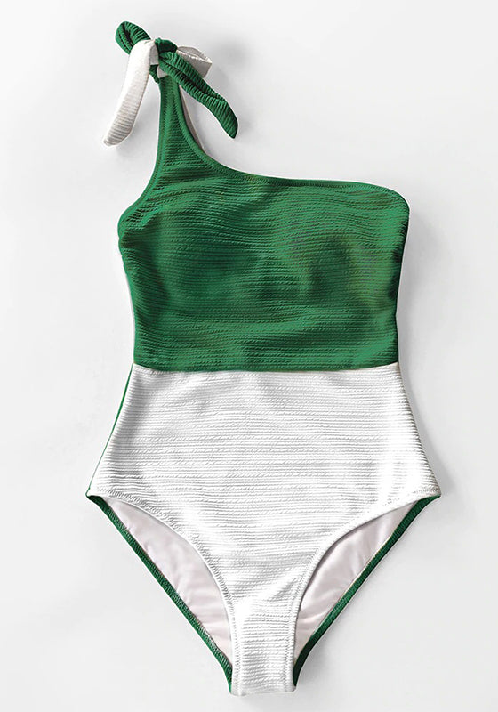 Green And White Colorblock One Shoulder One-Piece