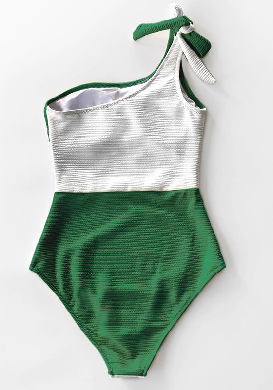 Green And White Colorblock One Shoulder One-Piece