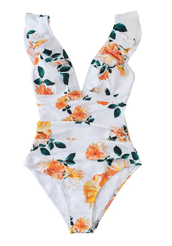 Orange Floral Ruffled One-Piece