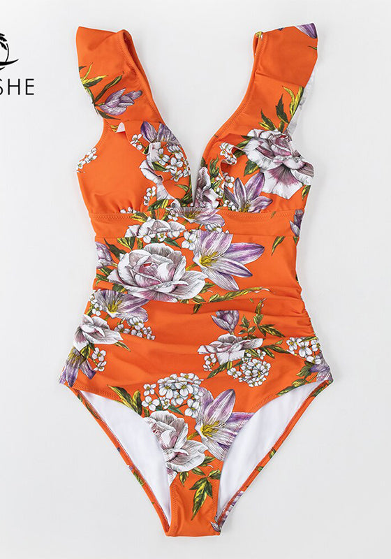 Orange Floral Ruffled One-Piece