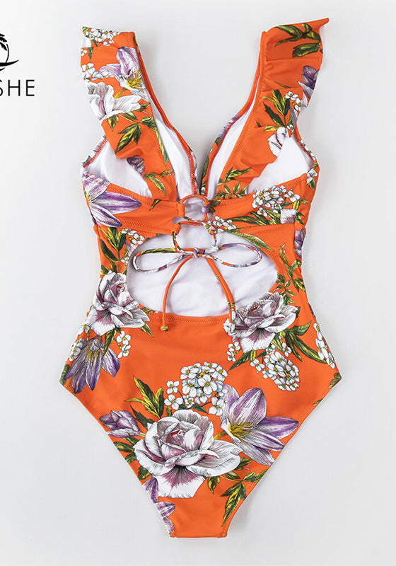 Orange Floral Ruffled One-Piece