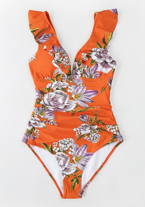 Orange Floral Ruffled One-Piece