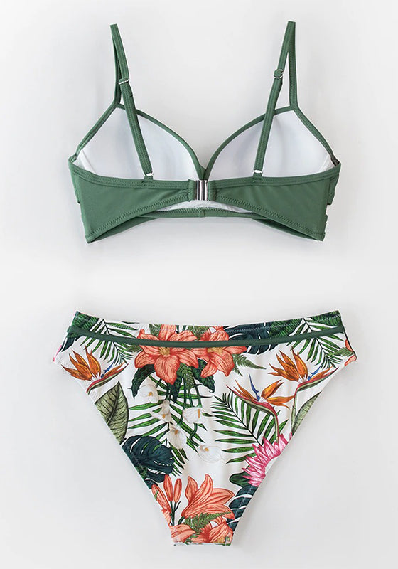 Black Floral Push Up Mid-Waist Bikini Set