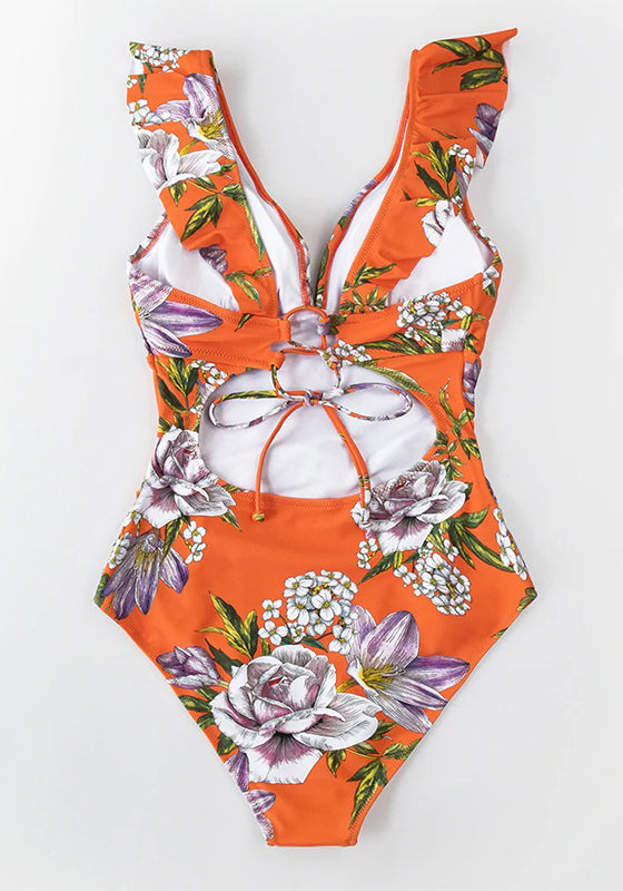 Orange Floral Ruffled One-Piece