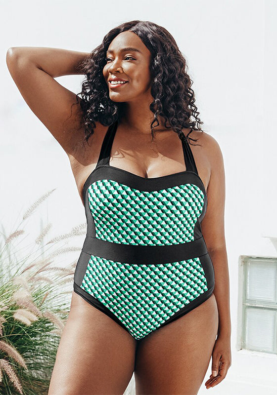 Green Geometric Print Halter One Piece