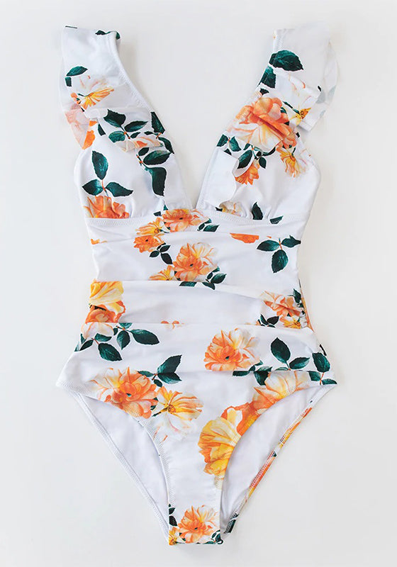 Orange Floral Ruffled One-Piece