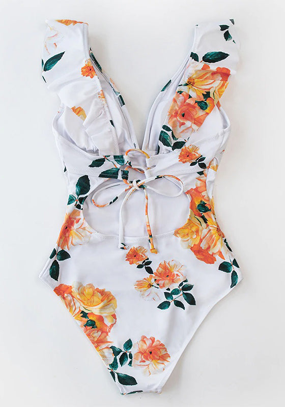 Orange Floral Ruffled One-Piece