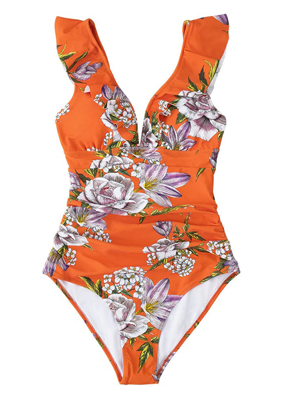 Orange Floral Ruffled One-Piece