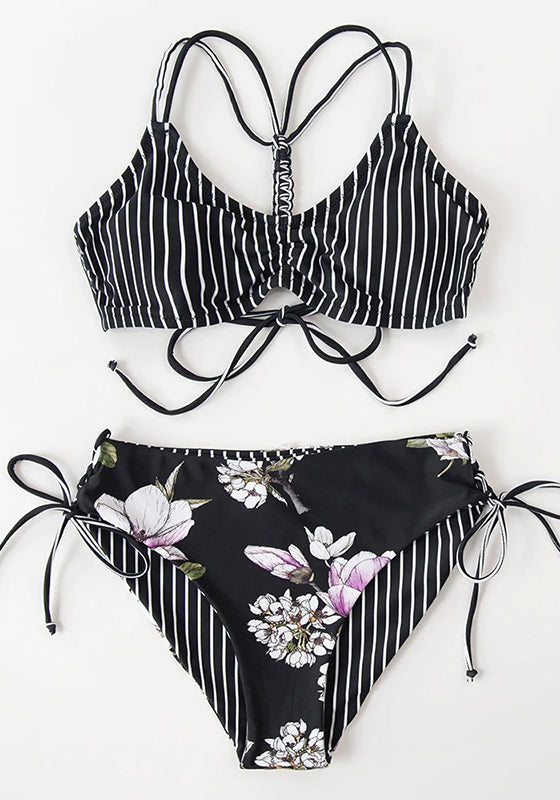 Black Stripe Floral Low Waist Bikini Set