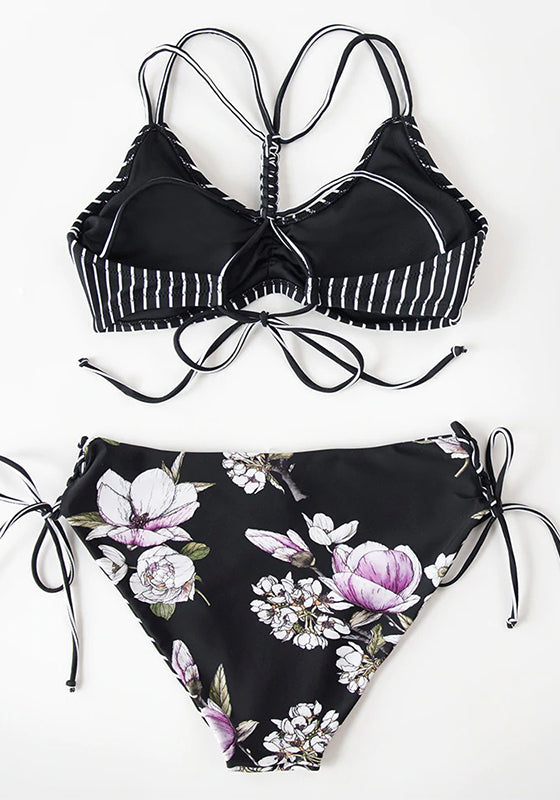 Black Stripe Floral Low Waist Bikini Set