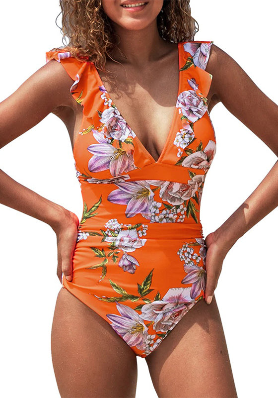 Orange Floral Ruffled One-Piece