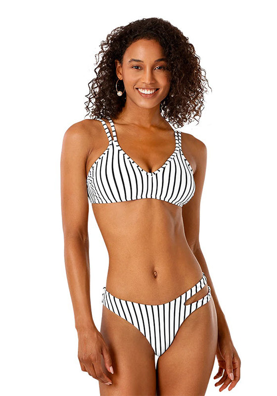 Black White Striped Strappy Cutout Bikini Set