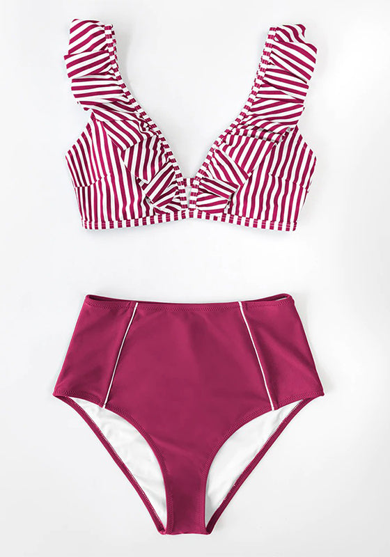 Red Stripe Ruffled High-Waist Bikini Set