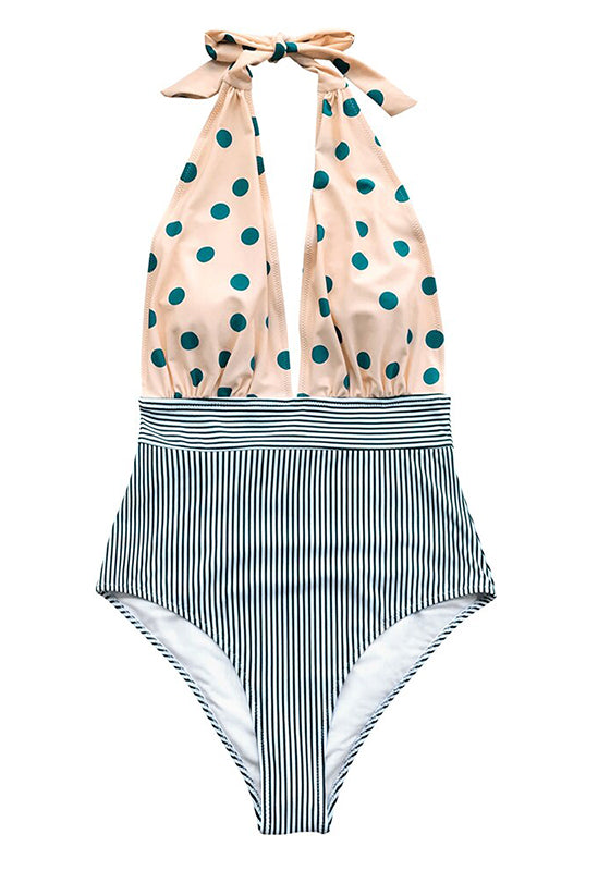 Retro Polka Dot Stripe Halter One-Piece