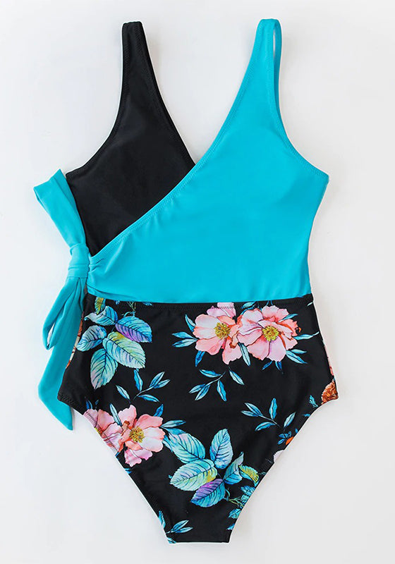 Blue Floral Patchwork V-neck One-Piece