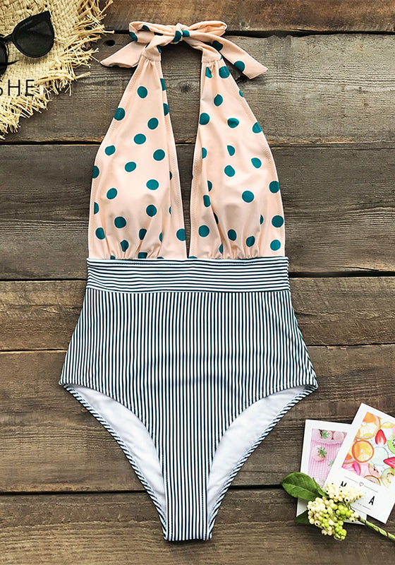 Retro Polka Dot Stripe Halter One-Piece