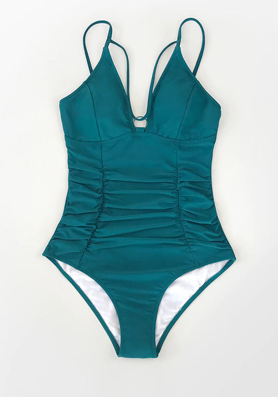 Solid Teal Shirring Strappy One-Piece