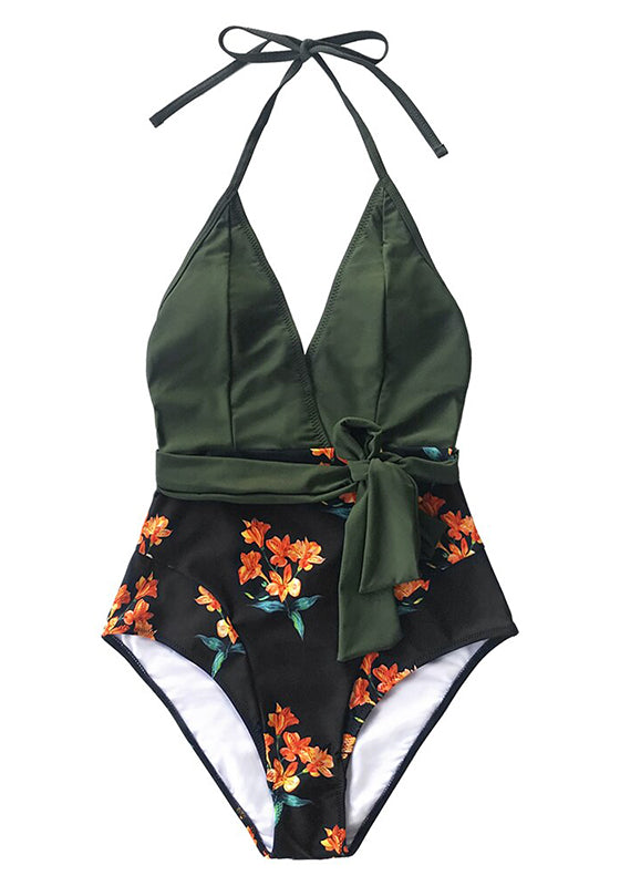 Green and Black Floral Halter One-Piece