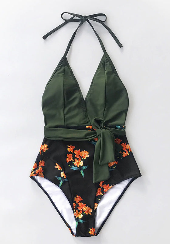 Green and Black Floral Halter One-Piece