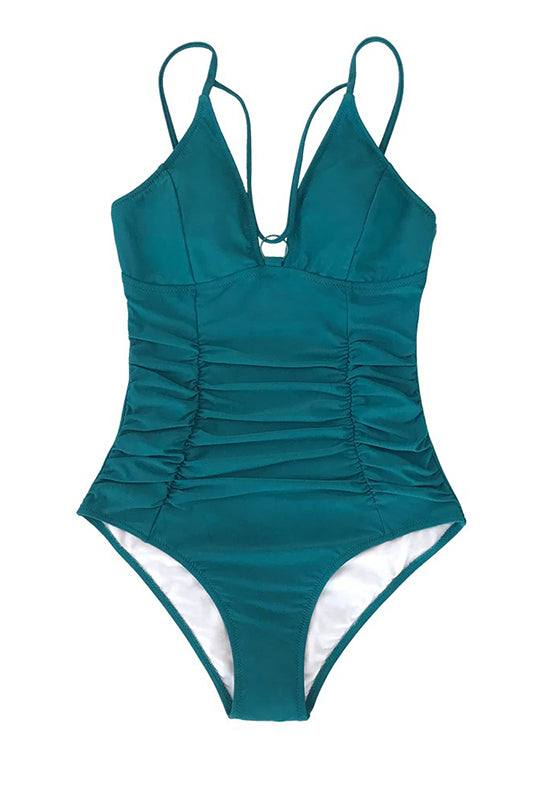 Solid Teal Shirring Strappy One-Piece