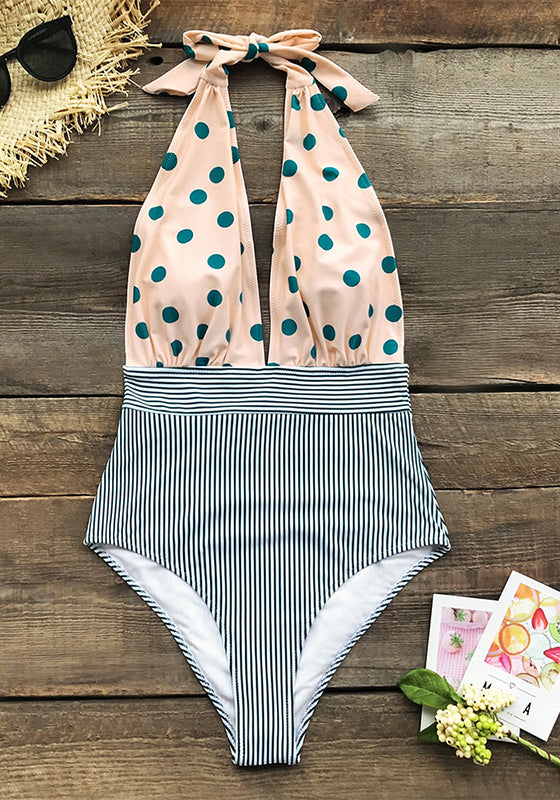 Retro Polka Dot Stripe Halter One-Piece