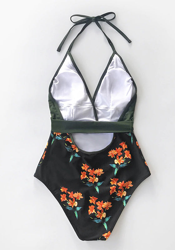 Green and Black Floral Halter One-Piece