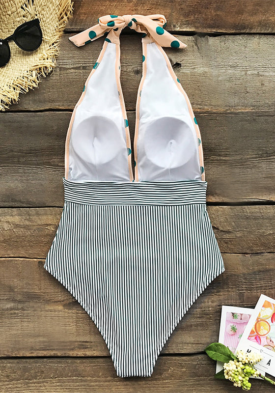 Retro Polka Dot Stripe Halter One-Piece