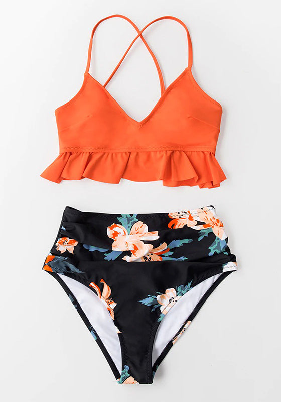 Orange and Floral High-Waist Bikini Set