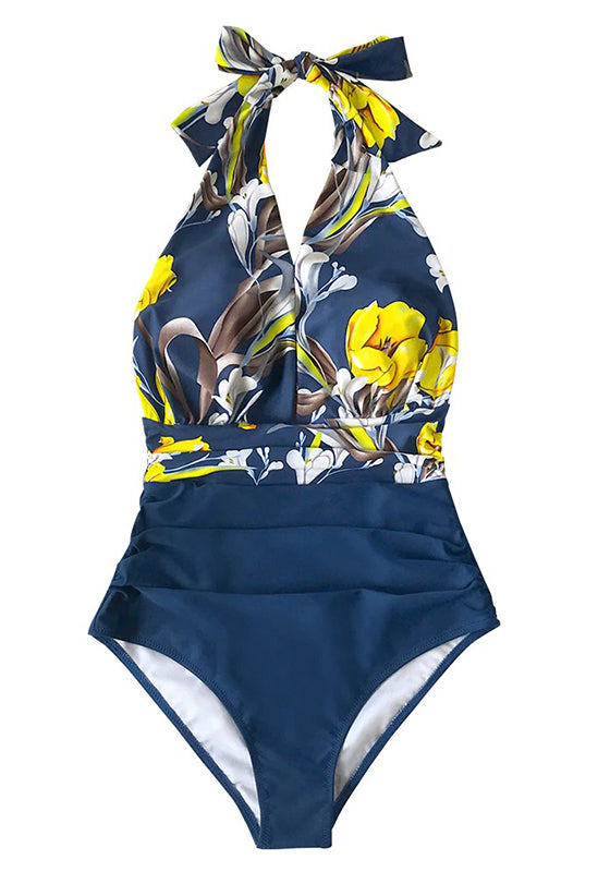 Navy Floral Deep V-neck Halter One-Piece