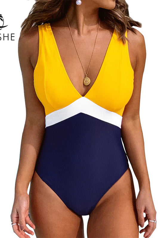 Yellow Blue Colorblocked Open Back One-Piece