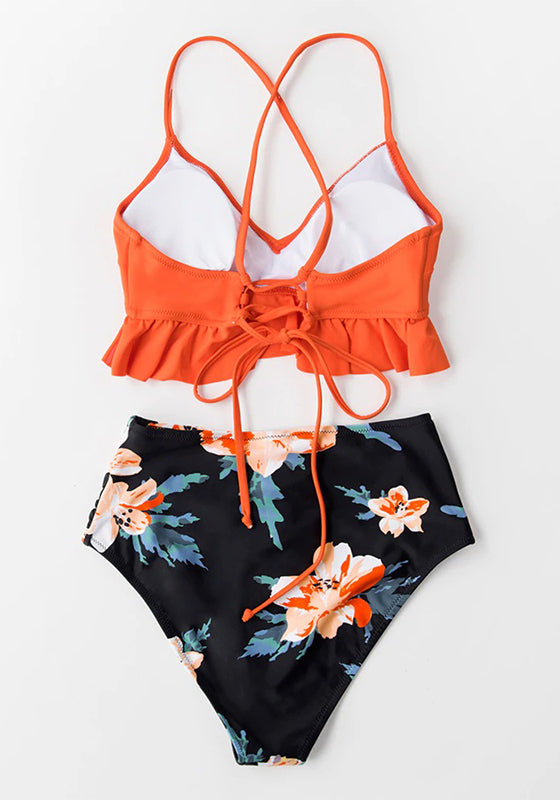 Orange and Floral High-Waist Bikini Set